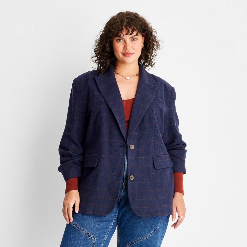 Future Collective Reese Blutstein Blazer Blue Check Plaid Button NWT - Picture 2 of 12